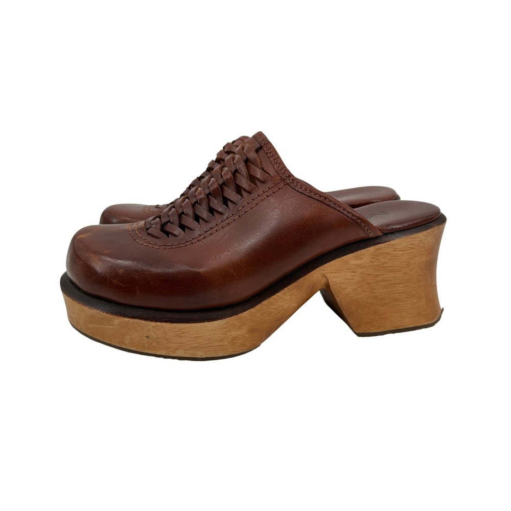 MIA Vintage Brown Leather Woven Platform Clog Mules Wood Block Heel Womens 10‎